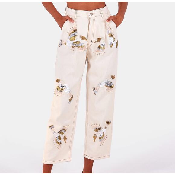 New Farm Rio cream sequin embelished bird high waist crop jeans sz 34 US 2 - Picture 1 of 10